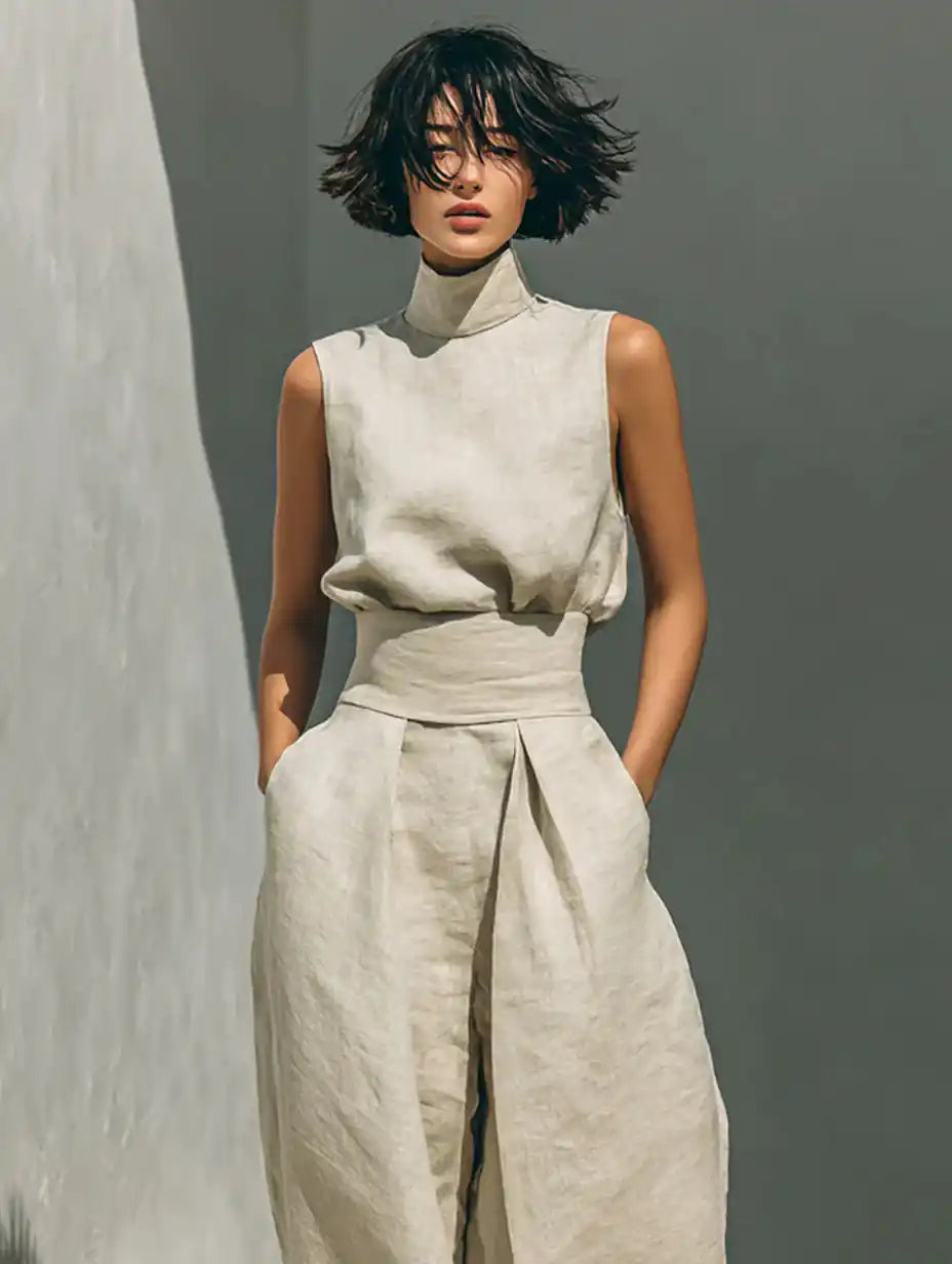 Flor™ | Completo minimalista con blusa senza maniche e pantaloni a gamba larga in cotone e lino per donna
