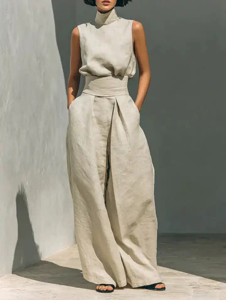 Flor™ | Completo minimalista con blusa senza maniche e pantaloni a gamba larga in cotone e lino per donna