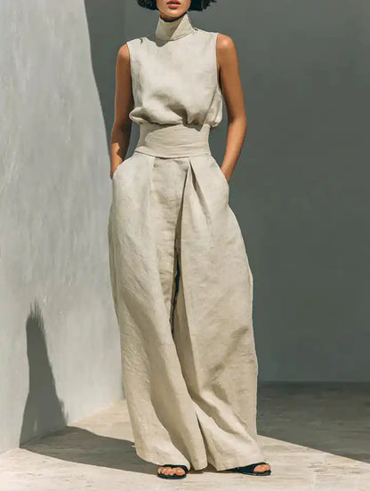 Flor™ | Completo minimalista con blusa senza maniche e pantaloni a gamba larga in cotone e lino per donna