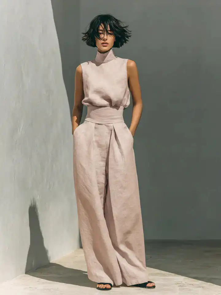 Flor™ | Completo minimalista con blusa senza maniche e pantaloni a gamba larga in cotone e lino per donna