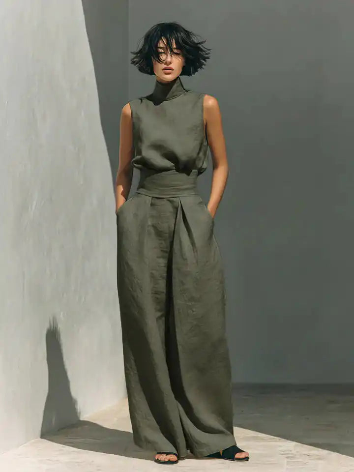 Flor™ | Completo minimalista con blusa senza maniche e pantaloni a gamba larga in cotone e lino per donna