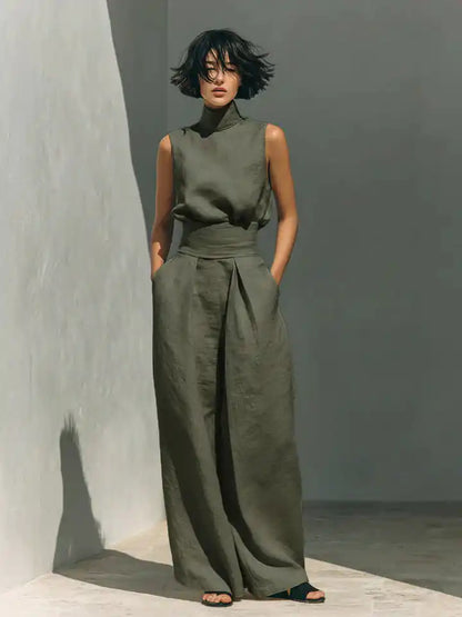 Flor™ | Completo minimalista con blusa senza maniche e pantaloni a gamba larga in cotone e lino per donna